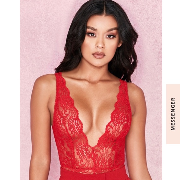 House of CB Tops - Red Stretch Lace Plunge Bodysuit